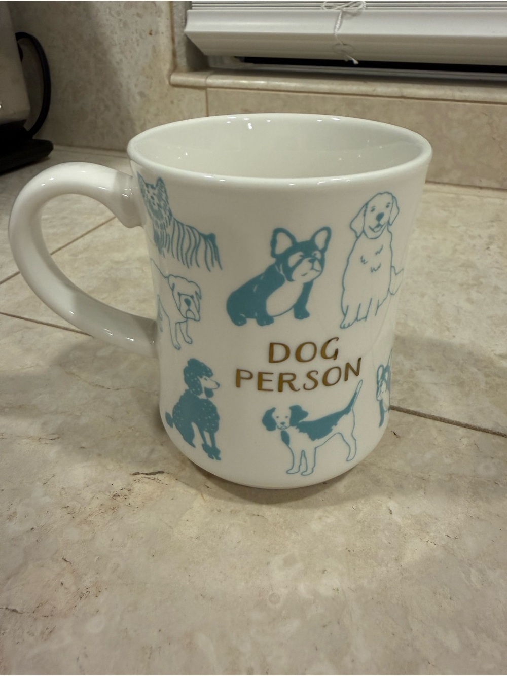 Target Dog Person Mug with Blue Dog Illustrations and Gold Lettering
